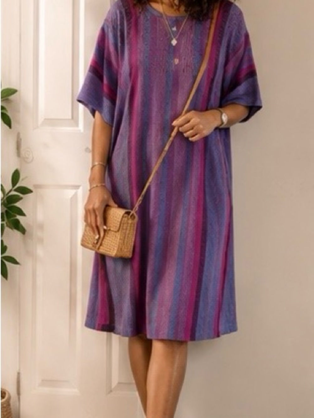 Vintage Peggy Kondo Handwoven Purple & Pink Striped Casual Midi Dress